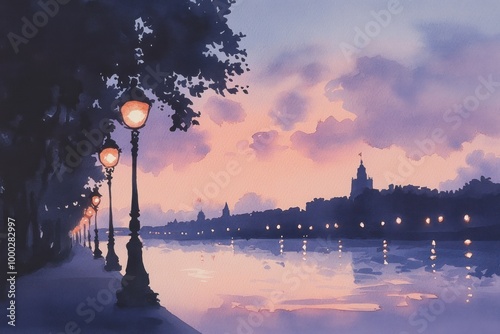 Watercolor Painting of a Cityscape at Sunset with Streetlights and a River