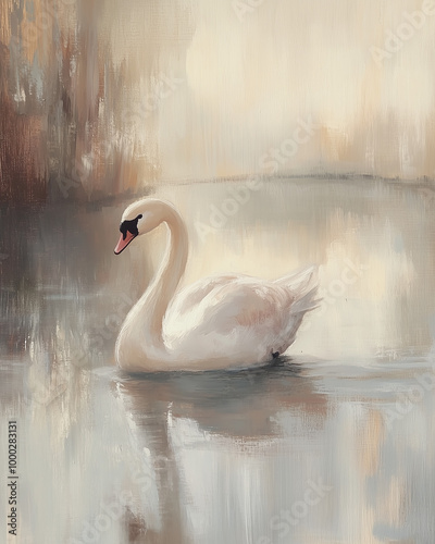 Elegant Swan on Tranquil Water, Soft Pastel Colors, Impressionistic Painting Style photo