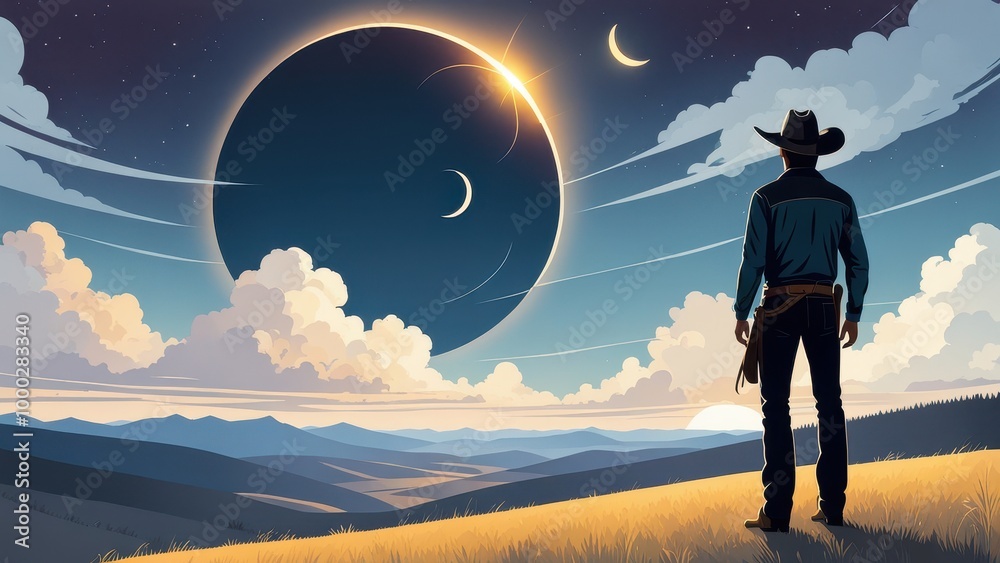 A cowboy gazes at a solar eclipse over a scenic landscape with mountains and clouds. A cowboy gazes at a solar eclipse over a scenic landscape with mountains and clouds.