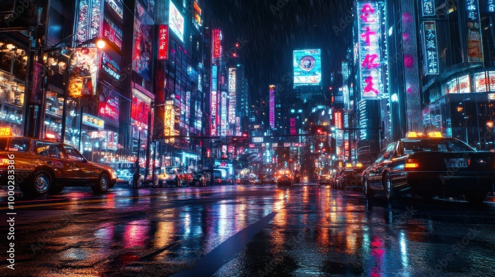 Neon-lit city street at night with rain and cars reflecting light Neon-lit city street at night with rain and cars reflecting light