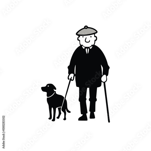 a black silhouette of an elderly man walking his dog. The man is wearing a cap and a jacket, and is holding a cane in his right hand