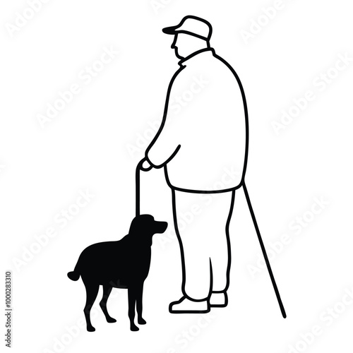 a black silhouette of an elderly man walking his dog. The man is wearing a cap and a jacket, and is holding a cane in his right hand