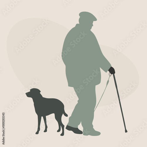 a black silhouette of an elderly man walking his dog. The man is wearing a cap and a jacket, and is holding a cane in his right hand