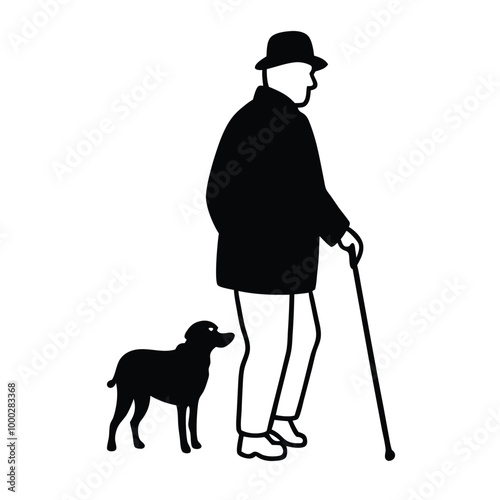 a black silhouette of an elderly man walking his dog. The man is wearing a cap and a jacket, and is holding a cane in his right hand
