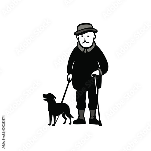 a black silhouette of an elderly man walking his dog. The man is wearing a cap and a jacket, and is holding a cane in his right hand