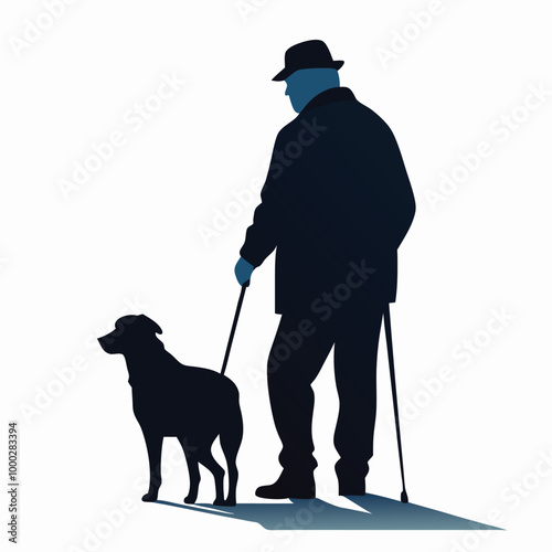 a black silhouette of an elderly man walking his dog. The man is wearing a cap and a jacket, and is holding a cane in his right hand