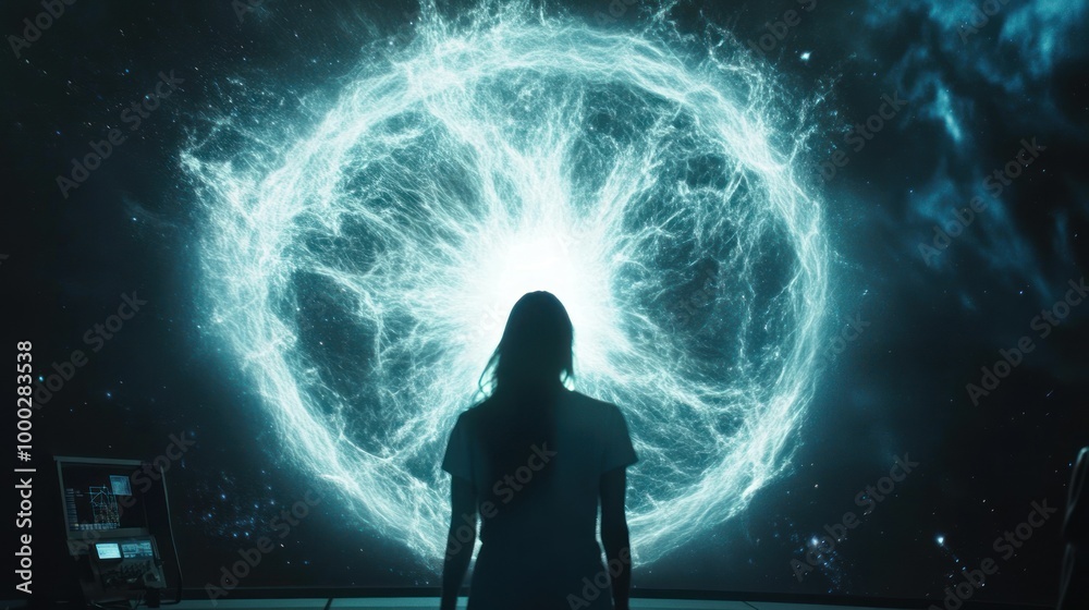 Fototapeta premium A Person Silhouetted Against a Cosmic Display of Blue and White Light