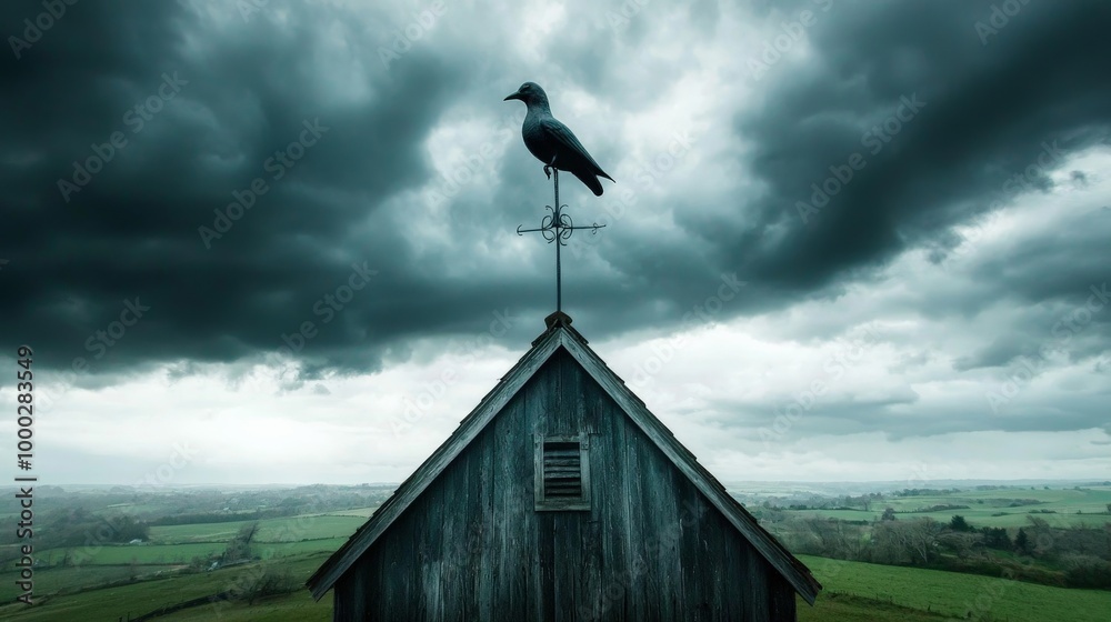 A traditional weather vane atop a barn in the countryside, spinning in the wind with dark storm clouds gathering in the distance A traditional weather vane atop a barn in the countryside, spinning in the wind with dark storm clouds gathering in the distance