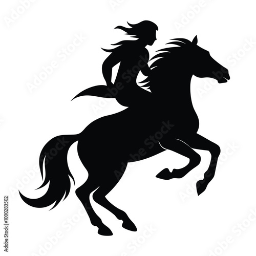 a horse and rider. The horse is rearing up on its hind legs, with its front legs stretched out and its tail flowing behind it. vector black silhouette 
