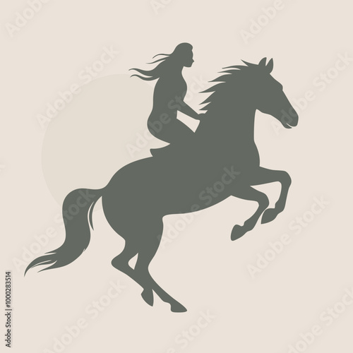 a horse and rider. The horse is rearing up on its hind legs, with its front legs stretched out and its tail flowing behind it. vector black silhouette 