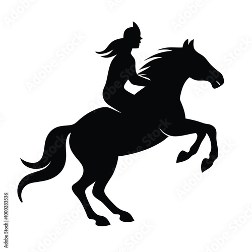 a horse and rider. The horse is rearing up on its hind legs, with its front legs stretched out and its tail flowing behind it. vector black silhouette 