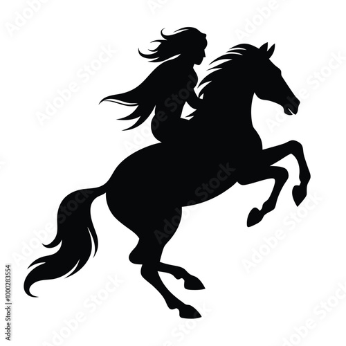 a horse and rider. The horse is rearing up on its hind legs, with its front legs stretched out and its tail flowing behind it. vector black silhouette 