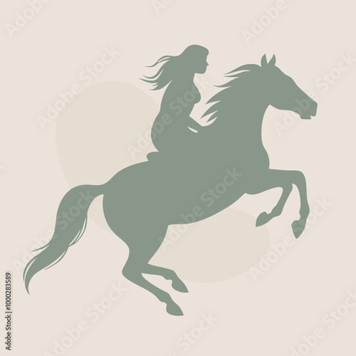 a horse and rider. The horse is rearing up on its hind legs, with its front legs stretched out and its tail flowing behind it. vector black silhouette 