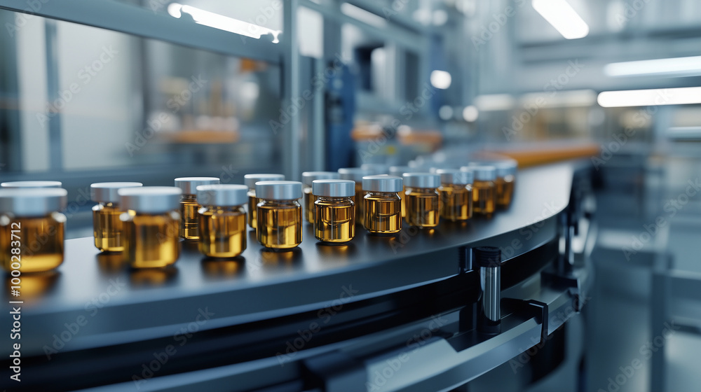 In a modern pharmaceutical factory, a conveyor belt transports rows of medical vials, highlighting the process of manufacturing prescription medications. The use of generative AI i In a modern pharmaceutical factory, a conveyor belt transports rows of medical vials, highlighting the process of manufacturing prescription medications. The use of generative AI i