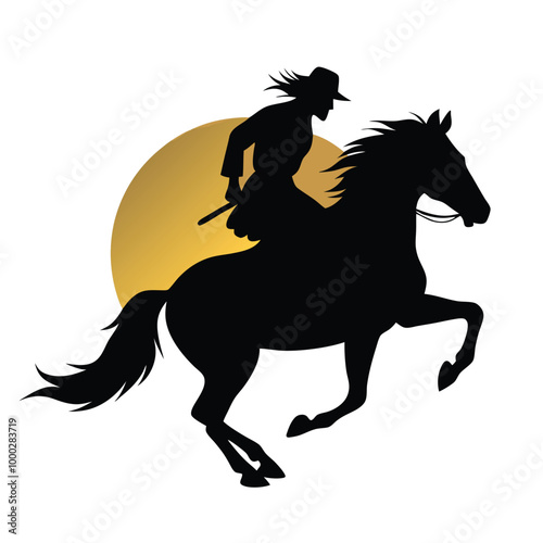 a horse and rider. The horse is rearing up on its hind legs, with its front legs stretched out and its tail flowing behind it. vector black silhouette 