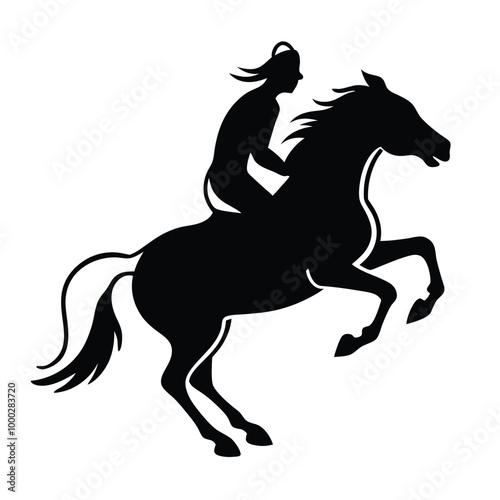 a horse and rider. The horse is rearing up on its hind legs, with its front legs stretched out and its tail flowing behind it. vector black silhouette 