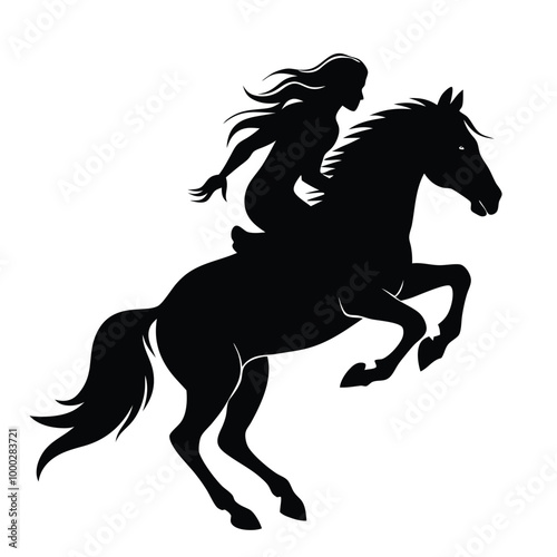 a horse and rider. The horse is rearing up on its hind legs, with its front legs stretched out and its tail flowing behind it. vector black silhouette 