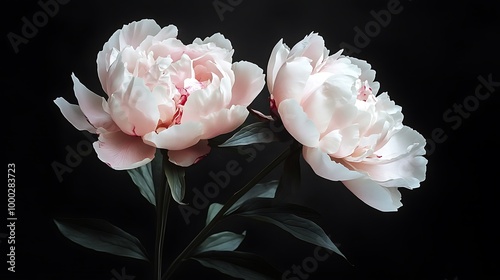 Fototapeta Naklejka Na Ścianę i Meble -  Two delicate pink peonies with green leaves on a black background.