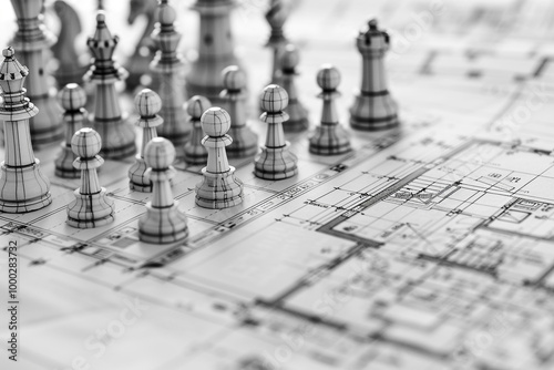 Chess strategy unfolding on an architect s blueprint precision design meeting the masters of planning and foresight photo