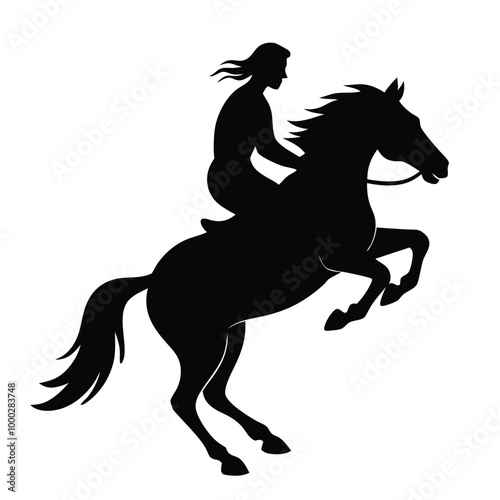 a horse and rider. The horse is rearing up on its hind legs, with its front legs stretched out and its tail flowing behind it. vector black silhouette 