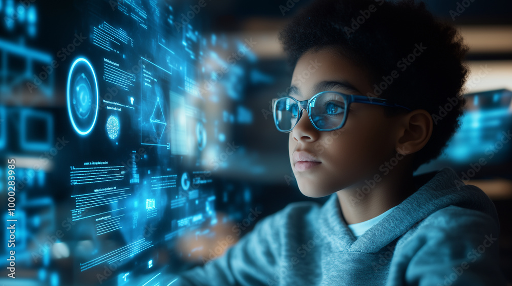 In a modern classroom, a focused young student engages with a computer, exploring AI and machine learning applications. Holographic data in blue hues surrounds them, highlighting t In a modern classroom, a focused young student engages with a computer, exploring AI and machine learning applications. Holographic data in blue hues surrounds them, highlighting t
