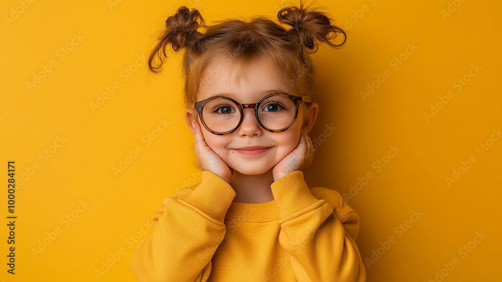 Portrait of smart clever small kid with tails dressed yellow sweatshirt raising finer up has idea isolated on khaki color background Portrait of smart clever small kid with tails dressed yellow sweatshirt raising finer up has idea isolated on khaki color background