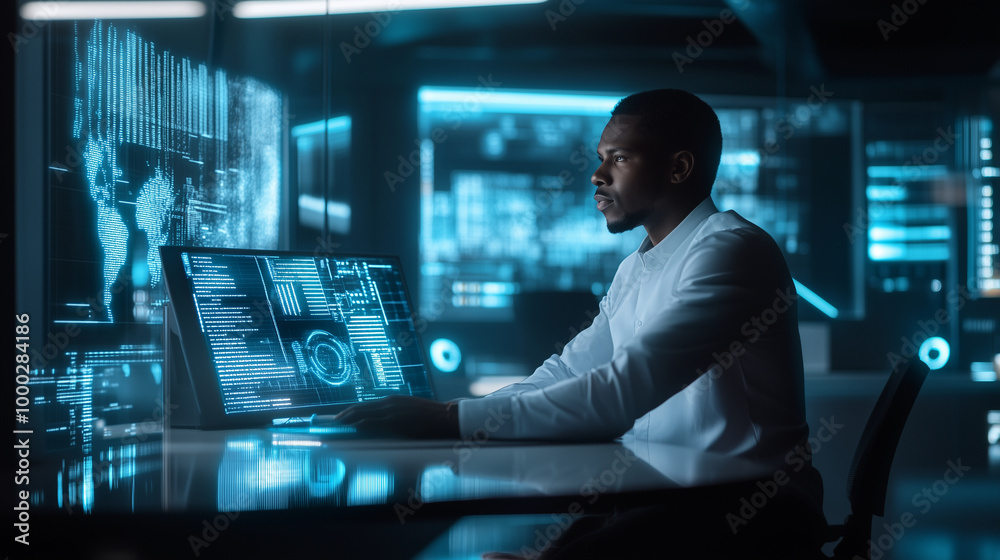 In a futuristic workspace, a Black African American IT professional examines data related to cyber security threats. The scene incorporates augmented reality visuals and AI element In a futuristic workspace, a Black African American IT professional examines data related to cyber security threats. The scene incorporates augmented reality visuals and AI element