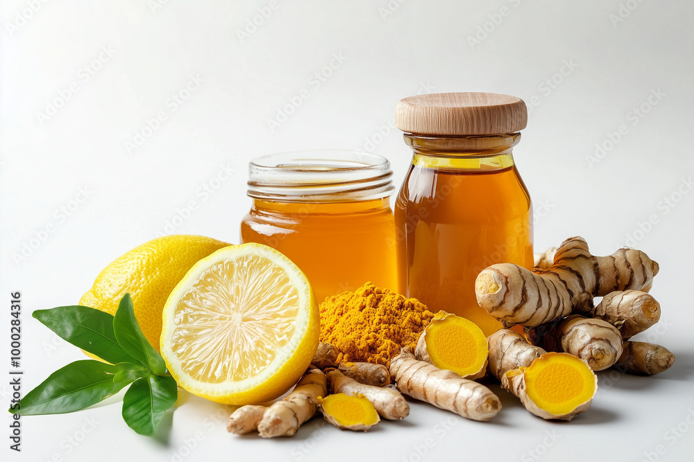 Honey with lemon, turmeric, ginger, and herbal leaves. Honey with lemon, turmeric, ginger, and herbal leaves.