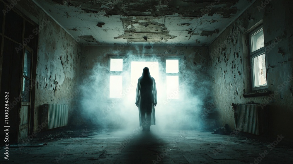 A translucent ghostly figure drifting through an old abandoned house, illuminated by a faint, eerie light A translucent ghostly figure drifting through an old abandoned house, illuminated by a faint, eerie light