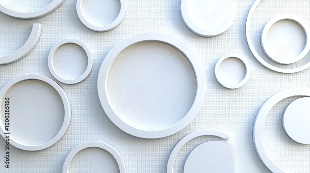 Three-dimensional white geometric shapes on a white background. Circular and cylinder shapes in varying sizes. Three-dimensional white geometric shapes on a white background. Circular and cylinder shapes in varying sizes.