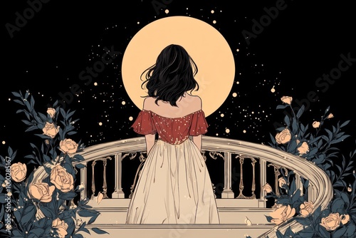 A Woman in a Red and White Dress Standing on a Balcony Under a Full Moon