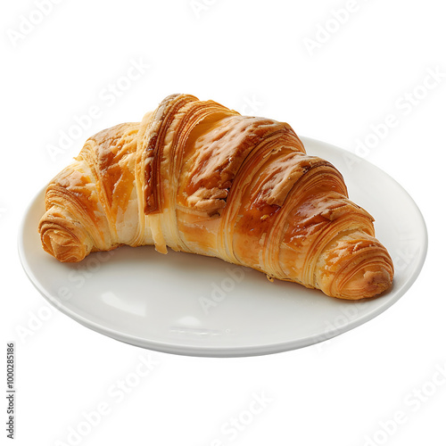 Yummy golden croissant sitting on a white plate, great for breakfast vibes. It's on a clear background, making it easy to add to different designs