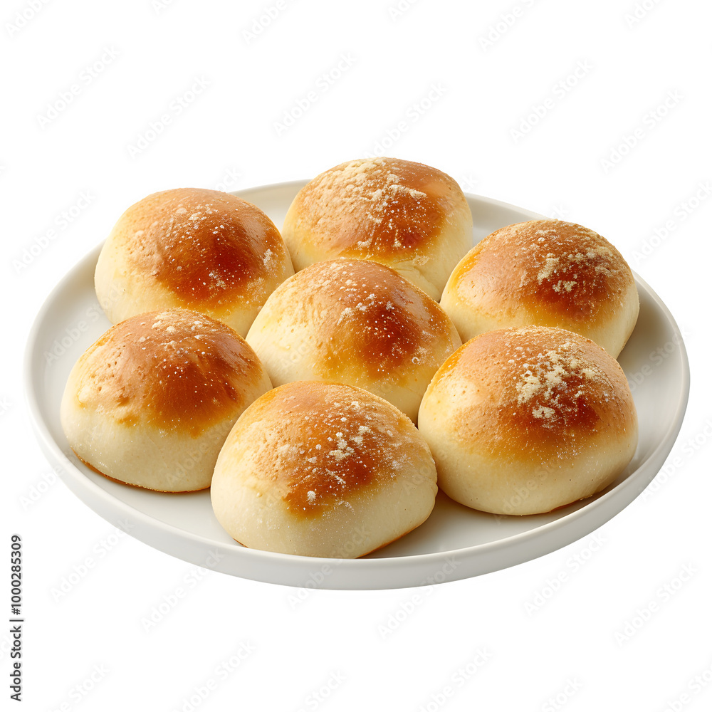 Platter of seven warm, golden-brown bread rolls, great for breakfast or as a tasty side dish, arranged on a clean white plate Platter of seven warm, golden-brown bread rolls, great for breakfast or as a tasty side dish, arranged on a clean white plate