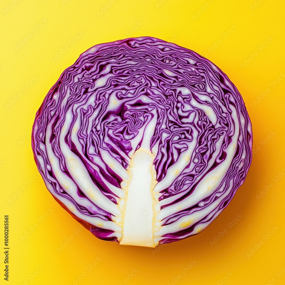 Close-Up of Sliced Red Cabbage on Yellow Background. Generative ai Close-Up of Sliced Red Cabbage on Yellow Background. Generative ai