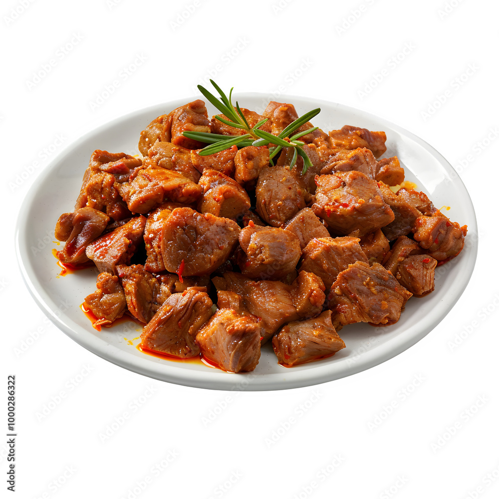 Close-up of a plate filled with marinated meat cubes, garnished with fresh rosemary, isolated on a transparent background Close-up of a plate filled with marinated meat cubes, garnished with fresh rosemary, isolated on a transparent background