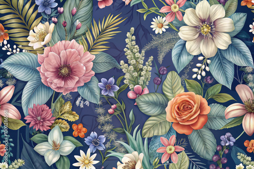 A vibrant floral tapestry featuring an array of blossoms intertwined with greenery against a deep navy blue backdrop. Generative AI