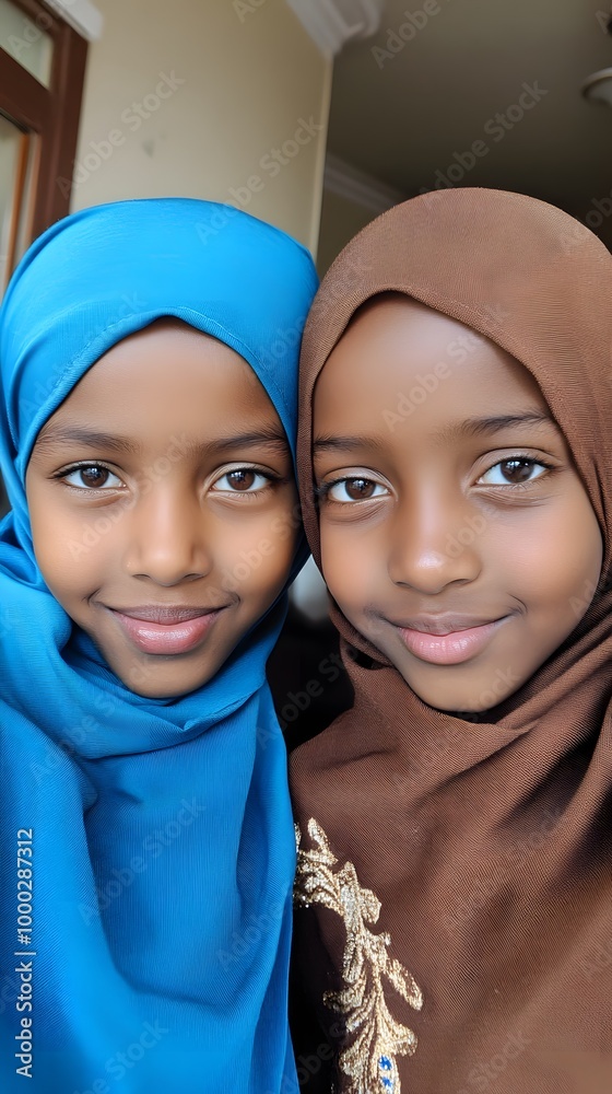 Two young girls in hijabs, one wearing blue and the other brown, posing for the camera together Two young girls in hijabs, one wearing blue and the other brown, posing for the camera together