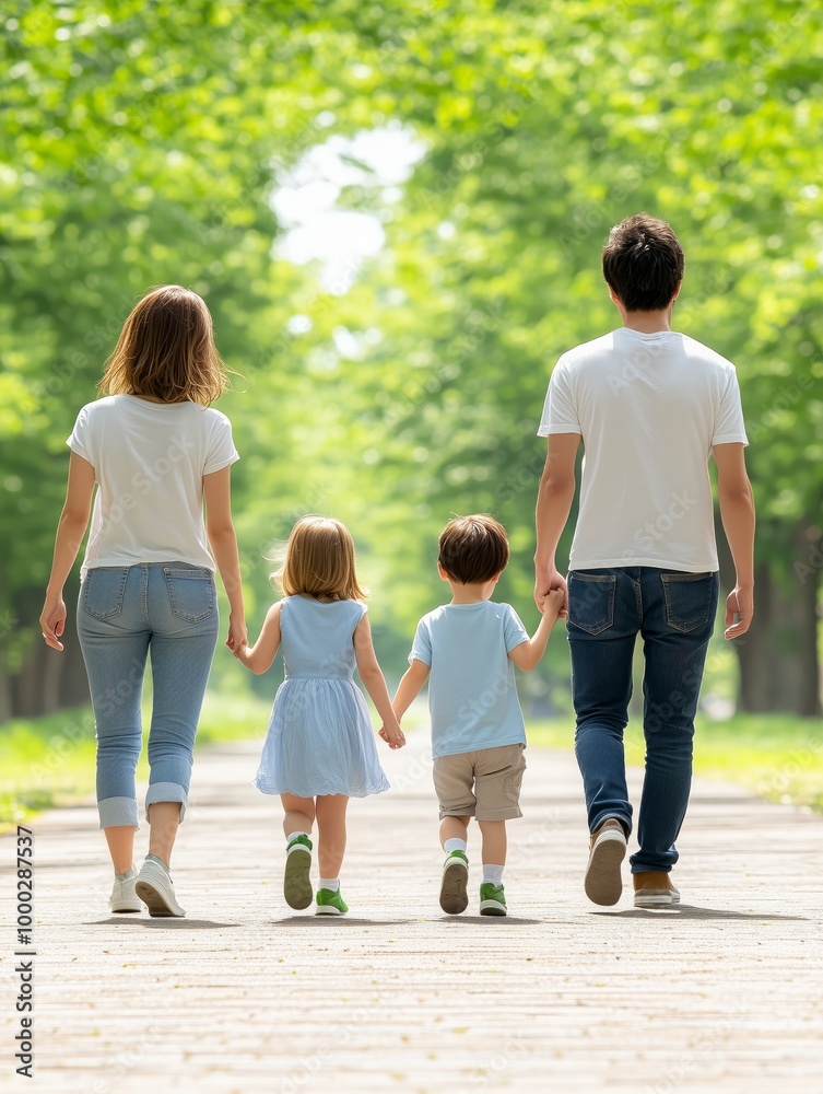 Japanese family of four walking hand in hand down a sunny path lined with green trees, enjoying a peaceful day in nature Japanese family of four walking hand in hand down a sunny path lined with green trees, enjoying a peaceful day in nature
