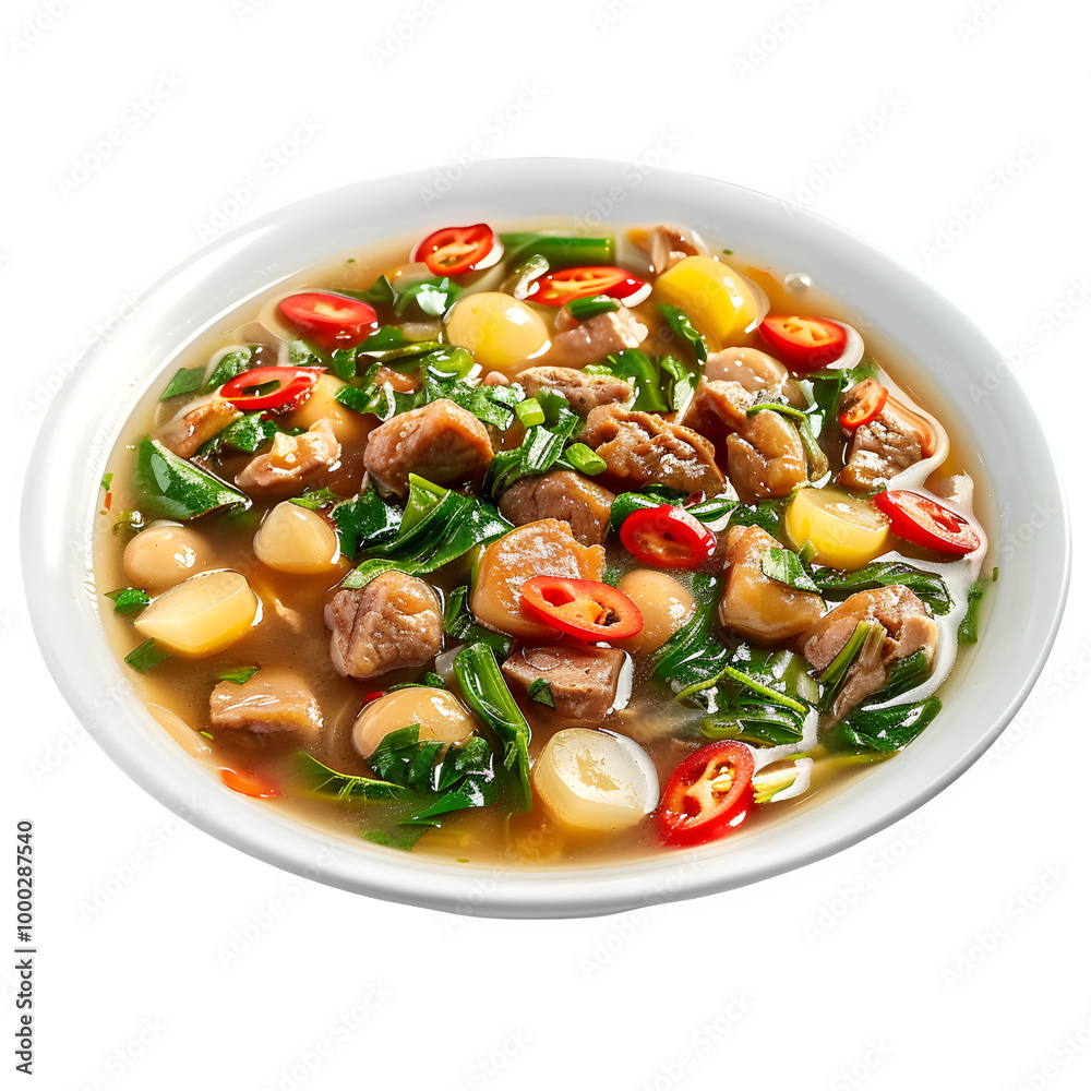 Delicious bowl of vietnamese pho soup with juicy beef, fragrant herbs, and spicy red chili peppers, displayed on a clear background Delicious bowl of vietnamese pho soup with juicy beef, fragrant herbs, and spicy red chili peppers, displayed on a clear background