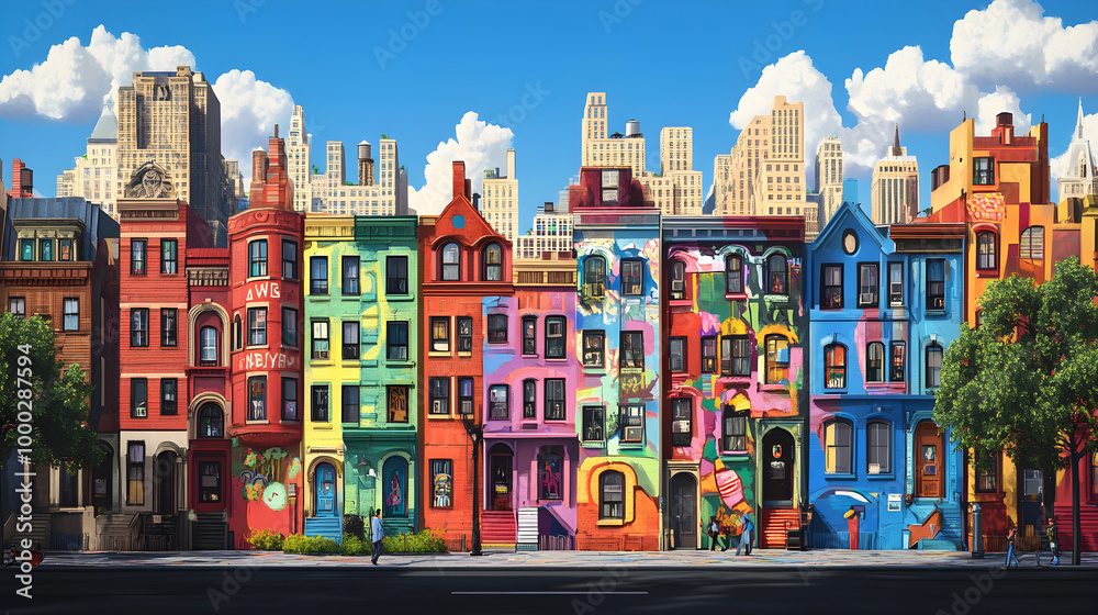 Fototapeta premium Vibrant Graphic Art Transforms Charming Townhouses in Lively Urban City View