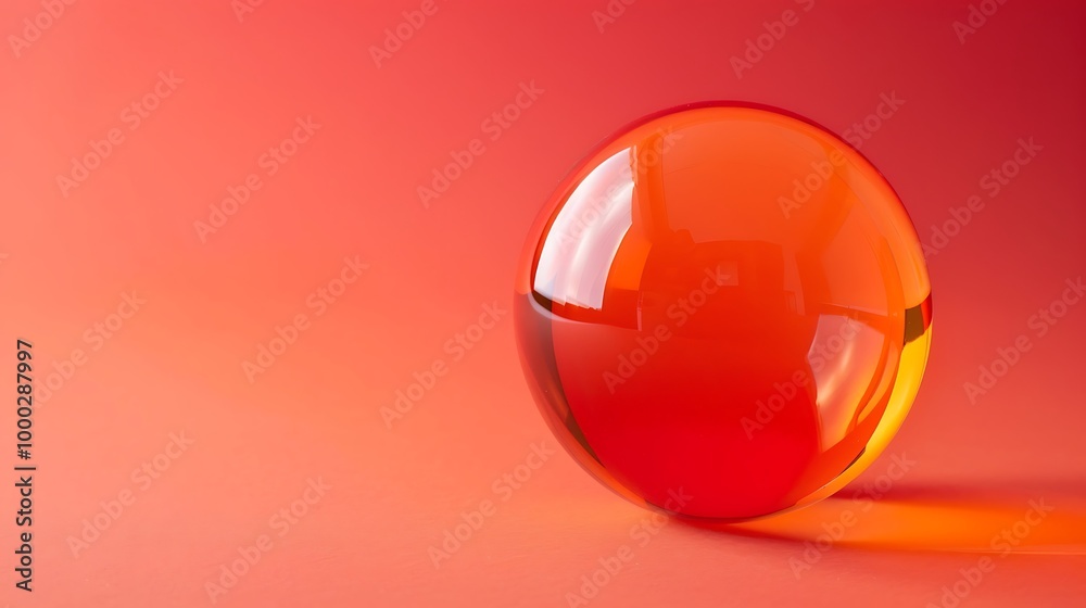 A single, clear, glass orb sits on a red surface, casting a soft shadow.
