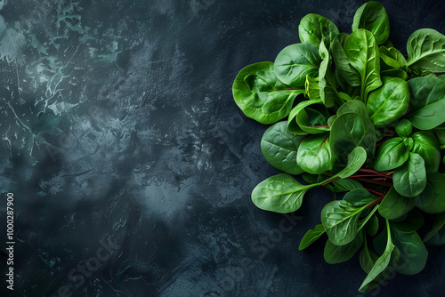 Top view of a bunch of fresh organic basil leaves on dark background with copy space for text or branding.