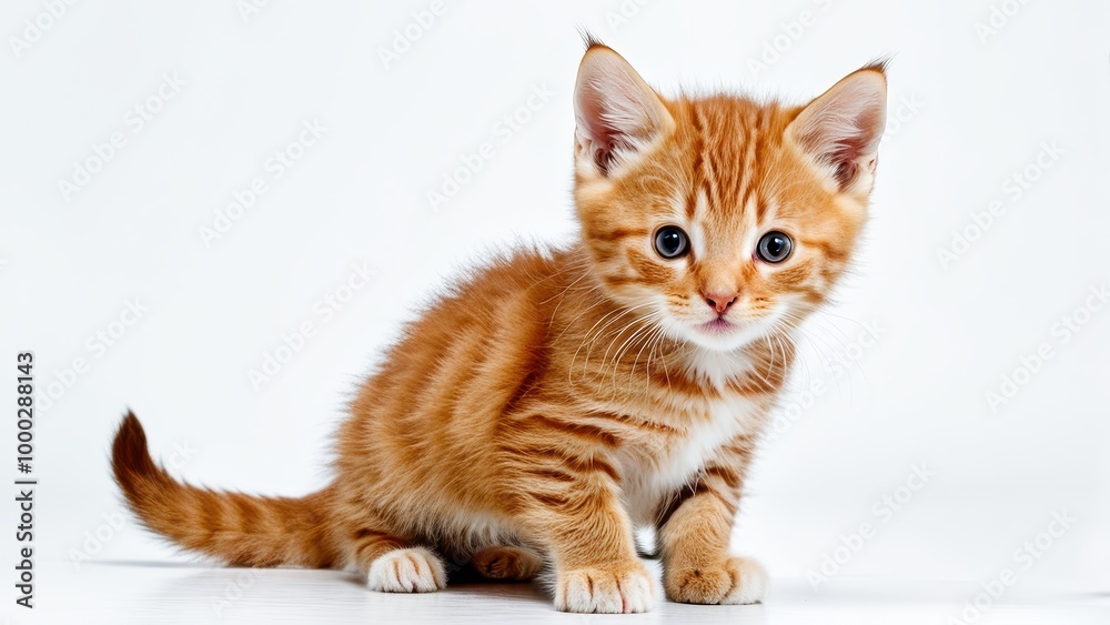 Fototapeta premium A cute orange tabby kitten with blue eyes sitting on a white background.