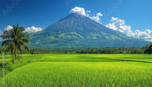 Volcano rises majestically above green rice fields and trees, smoke billowing from its active crater under a bright blue sky