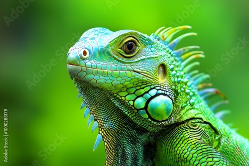 Close-up of a vibrant green iguana with a textured skin and a sharp eye looking to the side.