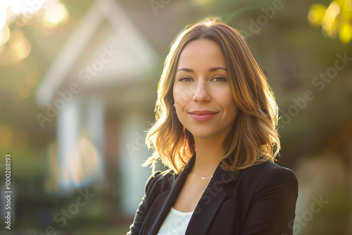 Portrait of friendly and confident european young woman realtor, dressed in professional attire stands in front of a beautifully blurred house background. 