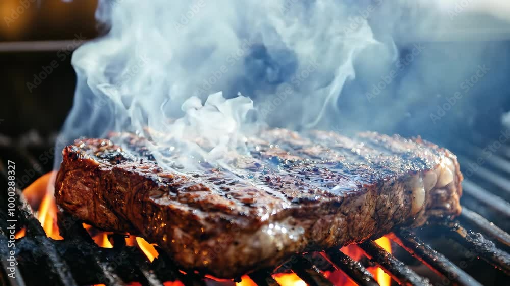 Smoke rising from sizzling steak grilling on barbecue Smoke rising from sizzling steak grilling on barbecue