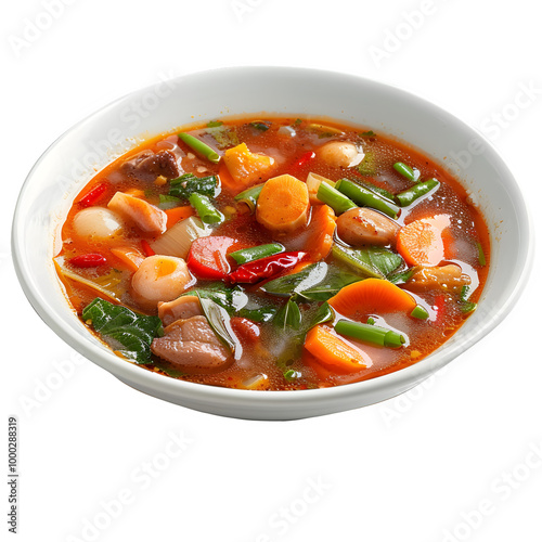 Tasty bowl of zesty vegetable and meat stew packed with crisp veggies like carrots, beans, and leafy greens, presented in a clean white bowl