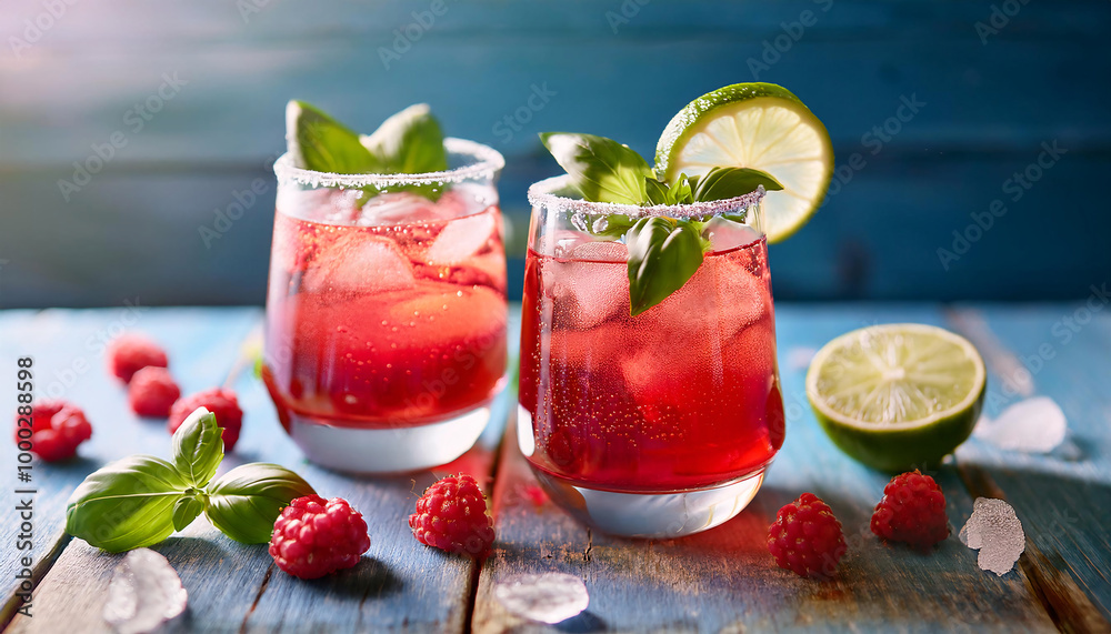 Two refreshing raspberry mojitos with lime wedges and basil leaves on a blue wooden table Two refreshing raspberry mojitos with lime wedges and basil leaves on a blue wooden table