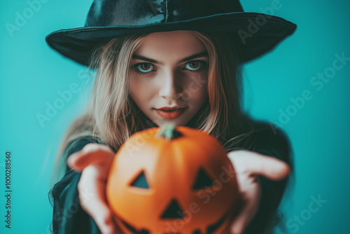 A young girl is holding a pumpkin and preparing for the Halloween holiday. Children having fun trick-or-treating on Halloween. Children playing trick-or-treating. Toddler holding a pumpkin.